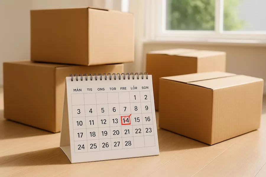 “Kalender med markerad flyttdag omgiven av flyttlådor – symboliserar planering inför flytt med tydligt datum, struktur och förberedelser för en smidig flyttdag”